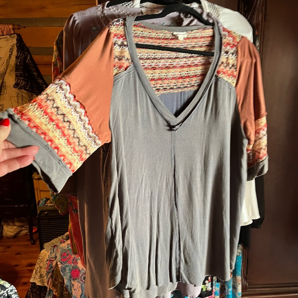 POL Gray Top with Multicolor Patterned Sleeves - image 1